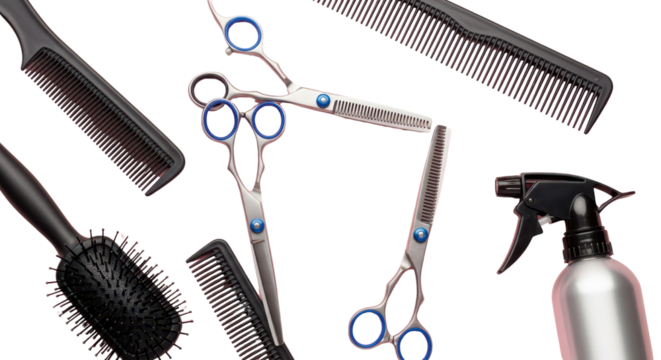 Hairdressing tools arrangement for beauty salon isolated PNG with Transparent Background