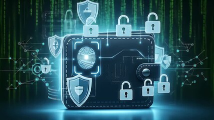 Secure digital wallet concept, protected by multiple layers of encryption and security shields. - Powered by Adobe