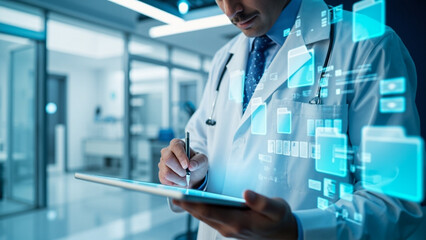 Healthcare Informatics: A skilled physician is diligently reviewing medical data and insights, in a clean and modern healthcare facility, using an advanced tablet.