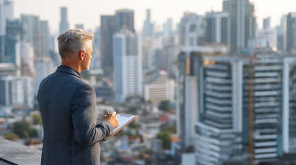 Fototapeta premium Man in suit holding clipboard overlooking cityscape with skyscrapers in the background on a rooftop