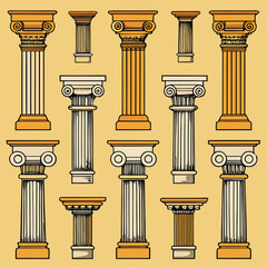 Columns line icon set. Ancient architecture pillars vector