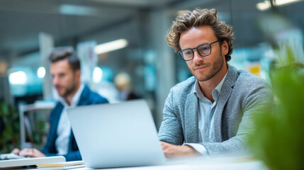 Obraz premium Man with glasses using a laptop in an office setting with another coworker in the background working