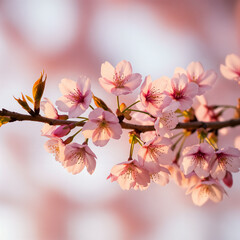 Obraz premium Close-up showcasing delicate pink cherry blossoms in soft focus, illuminated by warm, gentle light.