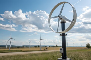 A vertical axis wind turbine stands in a field under a cloudy sky