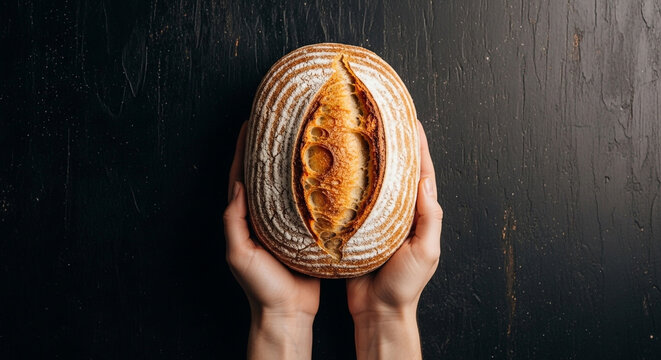 Baker's hands gently holding a freshly baked, rustic loaf of artisanal sourdough bread, a concept of traditional craftsmanship and homemade quality