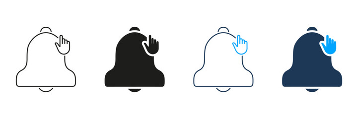 Bell Notification With Hand Click Line And Solid Icon Set. Alert Activation, Reminder, And Notification Management Outline And Silhouette Symbol Collection. Isolated Vector Illustration
