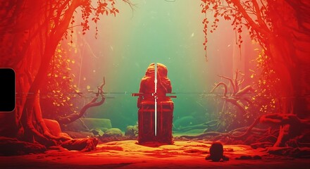 Twin statues stand sentinel within a mystical, red-hued forest, bathed in ethereal light.