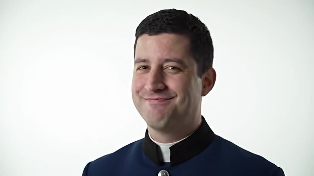 Smiling man in blue coat with black collar on white backdrop, portrait close-up view