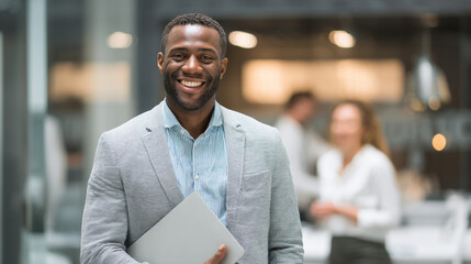 Portrait of a smiling african american businessman holding a laptop in a modern office space
