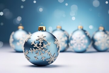 Fototapeta premium Christmas ornaments with snowflakes decorations on a sparkling blue background creating a festive holiday atmosphere