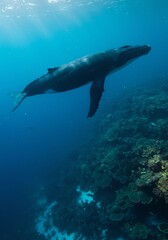 Fototapeta premium Large Whale Swimming Underwater Near Coral Reef in Deep Ocean Scene