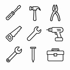 Black line icon set isolated on white background – tools and construction equipment