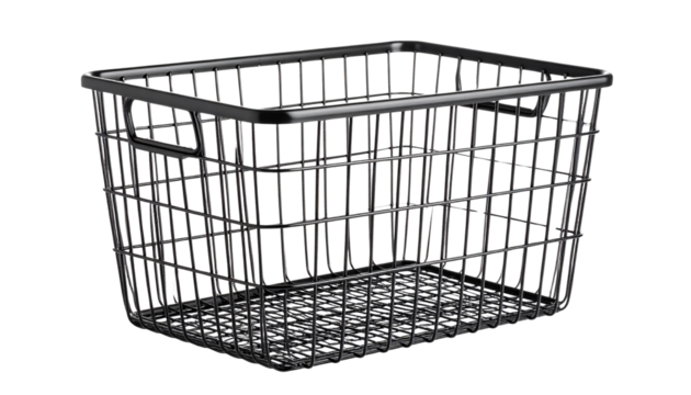 Metal wire storage basket with handles for organizing and decluttering home or office items on transparent background.