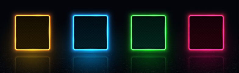 Collection of colorful bright neon frames with shadows and reflections isolated on a dark background. Vector 3d illustration.