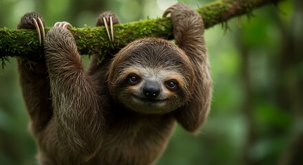 Fototapeta premium Adorable Sloth Hanging on a Tree Branch in a Lush Green Forest variation 4