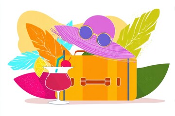 Summer vacation essentials with suitcase, hat, and tropical drink  