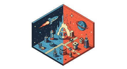Conceptual art of space exploration's duality. An isometric scene contrasting a successful rocket launch into the cosmos against a disastrous fiery crash.