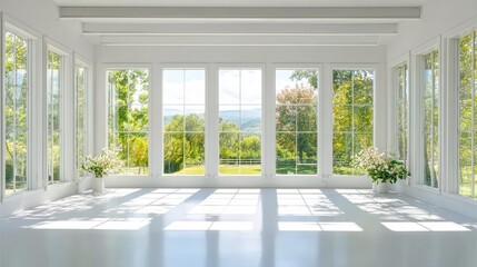 Fototapeta premium Sunlit white space with panoramic green views​