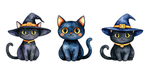 Cute cartoon black cat. Watercolor style. Halloween and holiday. Cartoon festive illustration.