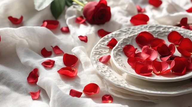 Romantic dinner scene with rose petals sprinkled on white linen tablecloth