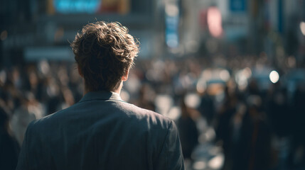 Fototapeta premium Man in suit facing crowd in city with blurred background and bright lights in the distance at daytime