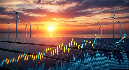 Sustainable Investment Landscape Renewable Energy Solar Power Wind Turbines and Financial Charts Converge at a Radiant