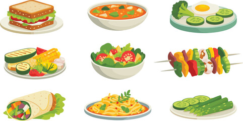 Healthy vegetarian food collection, fresh meals including salad, soup, sandwich, grilled vegetables, wrap, pasta, skewers, perfect for diet, nutrition, recipe, and cooking design