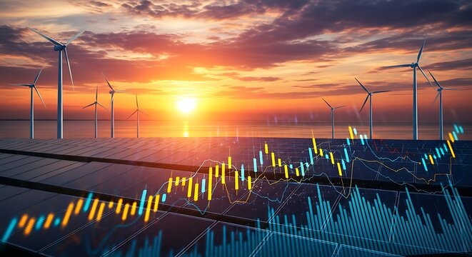 Sustainable Investment Landscape Renewable Energy Solar Power Wind Turbines and Financial Charts Converge at a Radiant