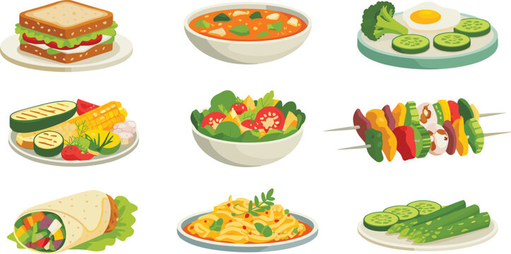 Healthy vegetarian food collection, fresh meals including salad, soup, sandwich, grilled vegetables, wrap, pasta, skewers, perfect for diet, nutrition, recipe, and cooking design