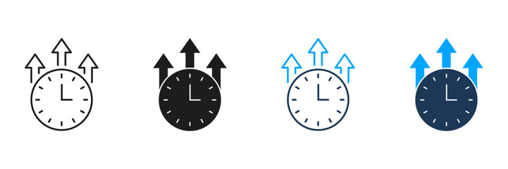 Clock With Upward Arrows Line And Solid Icon Set. Time Management, Productivity Increase, And Efficiency Improvement Symbol Collection. Business Growth And Success. Isolated Vector Illustration