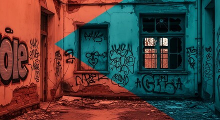 Abstract composition of an abandoned building's interior with vibrant graffiti and a dramatic orange and teal color split.