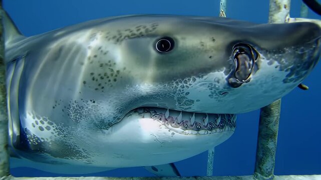 Close-up of a white shark in front of blue ocean, caged in metallic bars