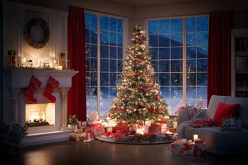 Cozy living room with decorated Christmas tree and fireplace  
