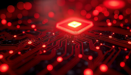 Futuristic Red Digital Circuit Board With Glowing Hexagon Core 
