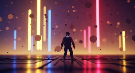 Man in a VR headset exploring a futuristic digital metaverse with glowing abstract neon lights and floating data particles.