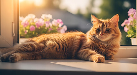 A fluffy ginger cat lies relaxed on a windowsill, bathed in warm sunlight, with pink flowers visible through the window.