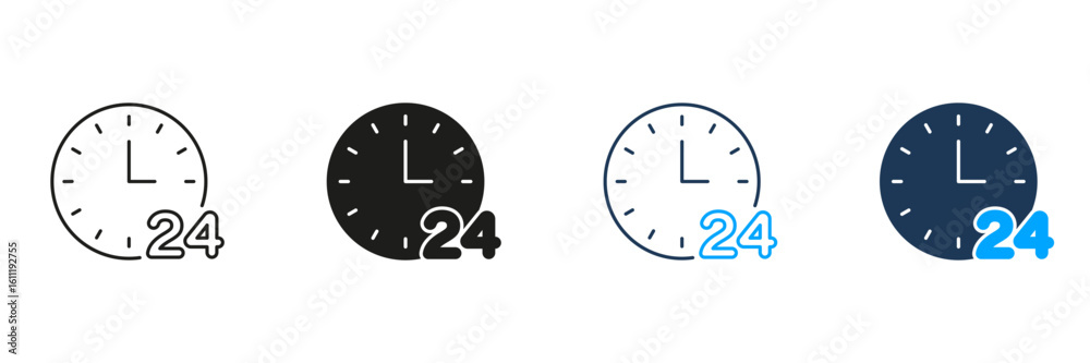 Poster clock with 24-hour service line and solid icon set. around-the-clock availability and customer suppo