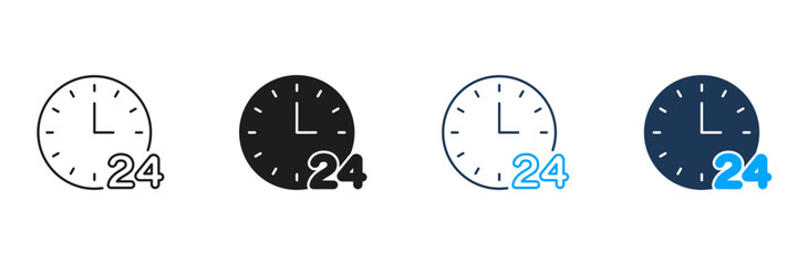 Clock With 24-Hour Service Line And Solid Icon Set. Around-The-Clock Availability And Customer Support Symbol Collection. Time Management And Continuous Operation. Isolated Vector Illustration