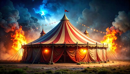 A burning circus tent under stormy skies