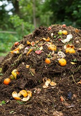 Pile of Rotten Fruit and Vegetables in Soil in Garden or Forest Setting