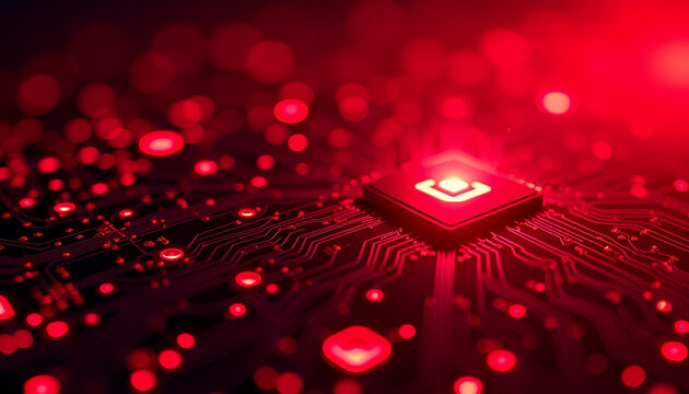 Futuristic Red Digital Circuit Board With Glowing Hexagon Core