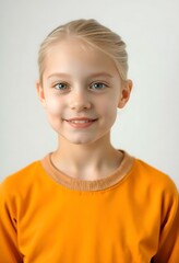 Portrait of a cute little girl with blonde hair and blue eyes smiling wearing orange shirt isolated
