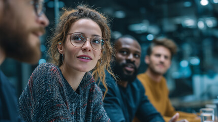 A diverse group of professionals in a meeting with a woman wearing glasses in focus and smiling