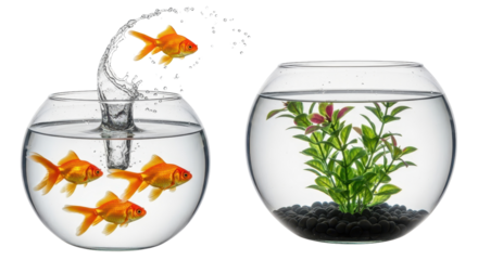Goldfish jumping out of a crowded fishbowl seeking a better environment and new opportunity isolated PNG with Transparent Background