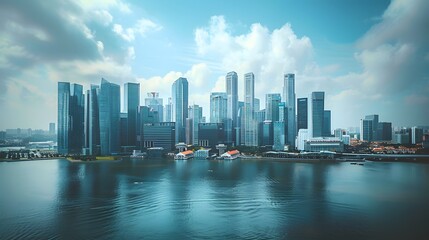 Naklejka premium Modern Singapore City Skyline Reflected in Bay