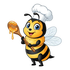 A cheerful cartoon bee chef wearing a toque holds a wooden spoon dripping with golden honey ready for baking.