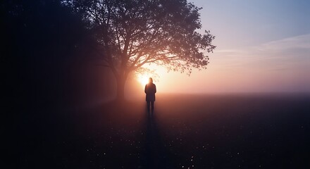 A lone person's silhouette standing under a large tree during a foggy and ethereal sunrise.