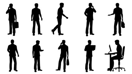 Silhouettes of business people in various poses and activities such as walking and using technology