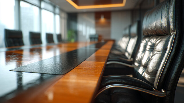 A conference room with a long table and black leather chairs in a modern office setting view from the table - Powered by Adobe