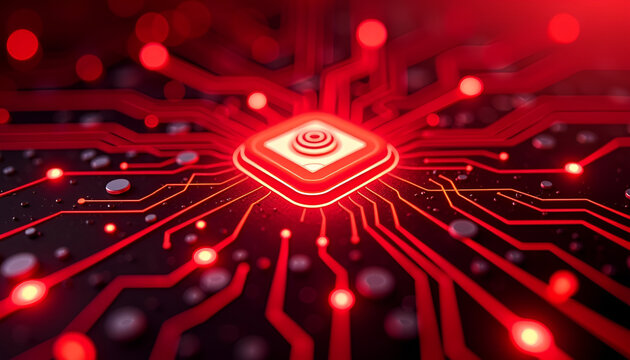 Futuristic Red Digital Circuit Board With Glowing Hexagon Core